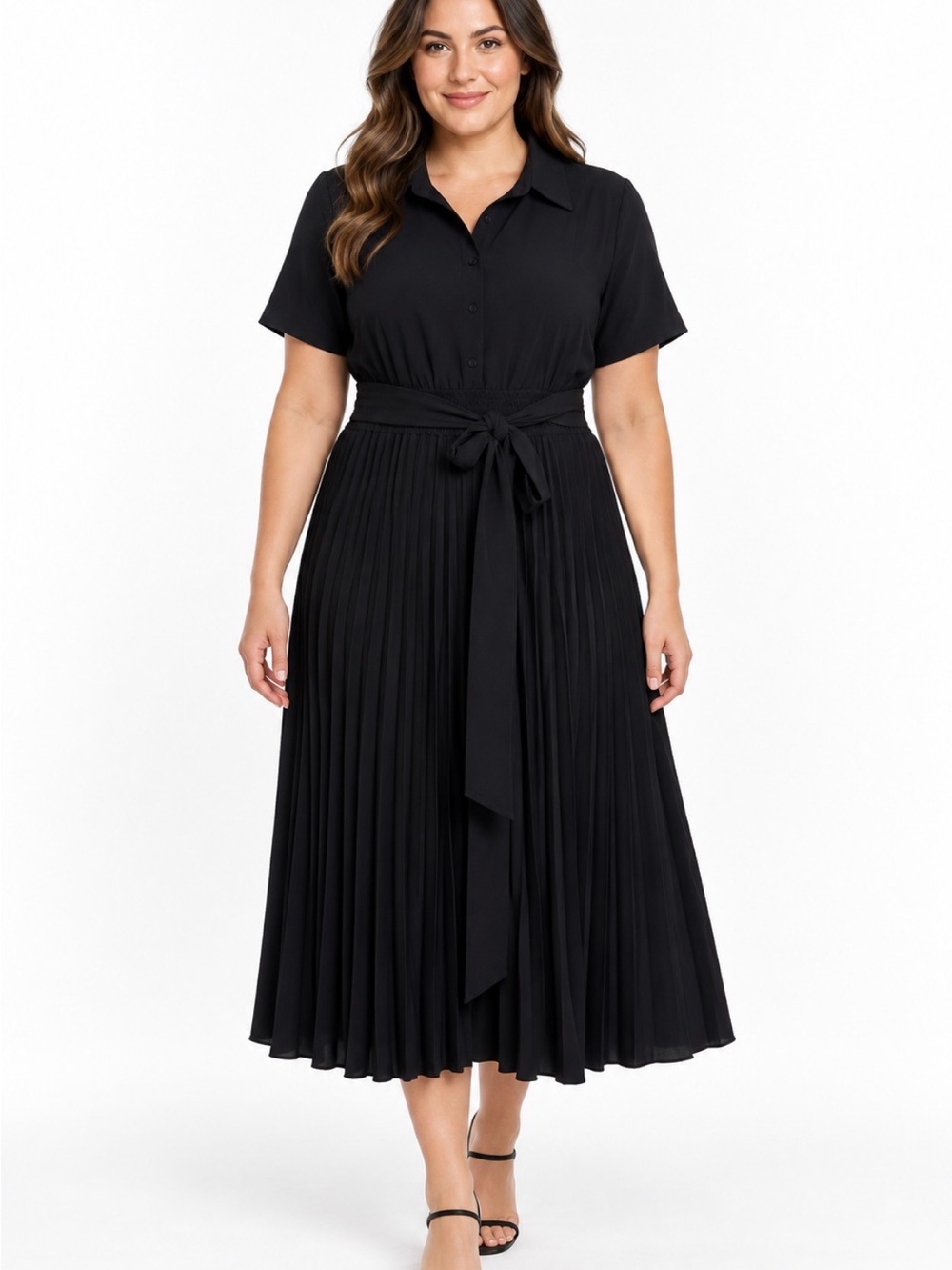 GRACE KARIN NWT Black Pleated Belted Shirt Midi Dress L
